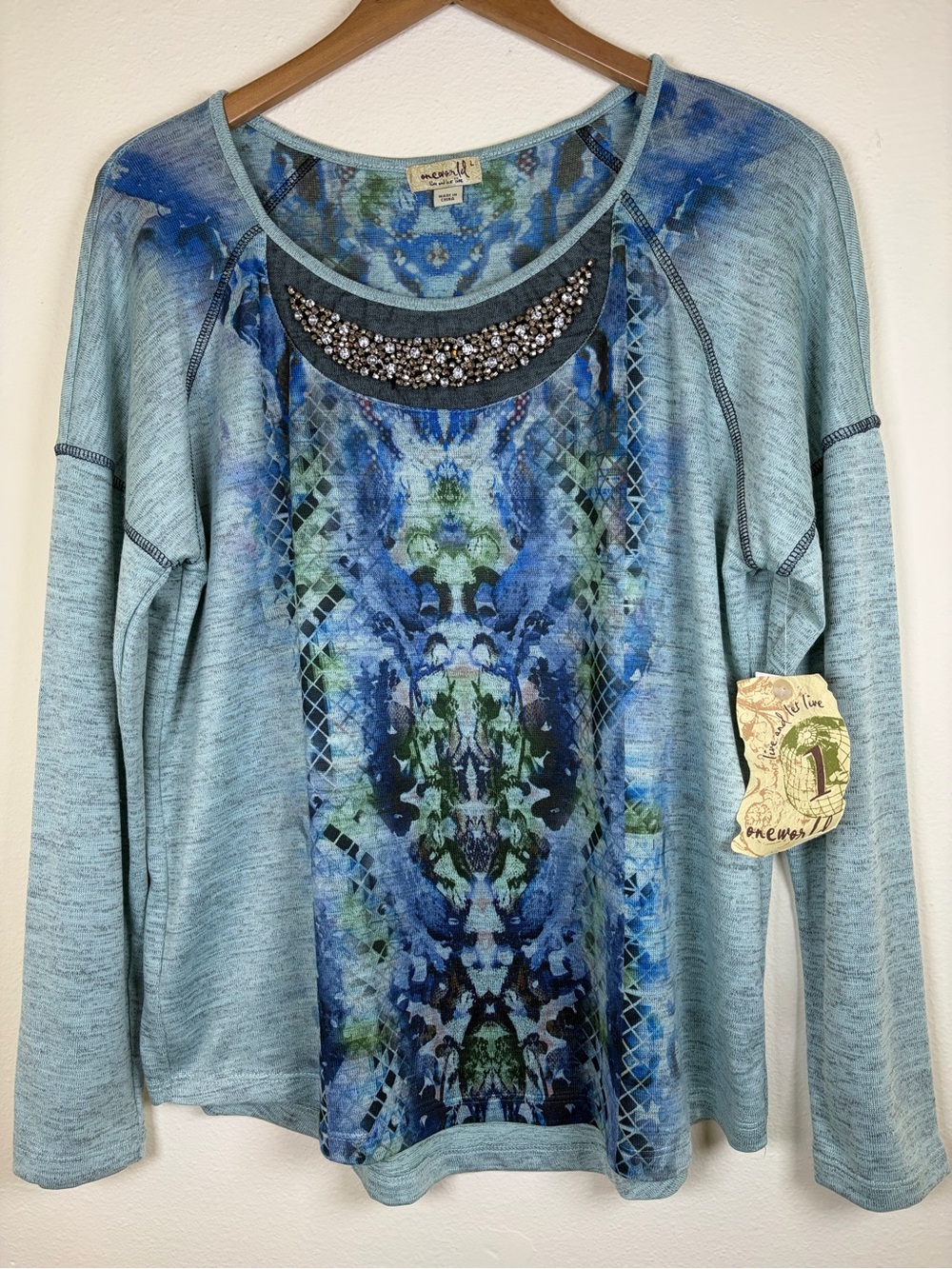 One World Live & Let Live L Aqua Blue Embellished Beaded Long Sleeve Top NWT